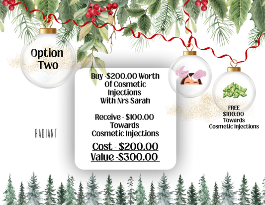 Option 2: Buy $200.00 Worth Of Cosmetic Injections  With Nrs Sarah  & Receive $100.00  Towards  Cosmetic Injections